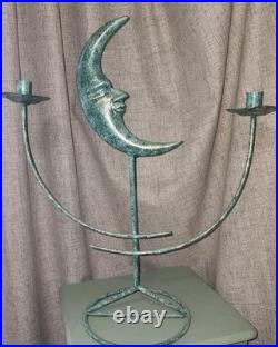 Celestial Crescent Moon Candelabra Verdigris Patina Metal Heavy Sculptural Decor
