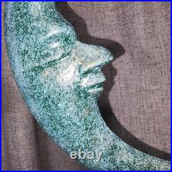 Celestial Crescent Moon Candelabra Verdigris Patina Metal Heavy Sculptural Decor