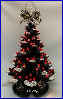 Ceramic Christmas Tree Black Checked Tabletop withSnowithMackenzie Childs Ribbon HP