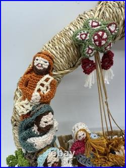 Christmas Crochet Jute Nativity Scene Hanging Wreath 11 Vintage