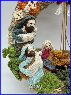 Christmas Crochet Jute Nativity Scene Hanging Wreath 11 Vintage