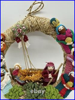 Christmas Crochet Jute Nativity Scene Hanging Wreath 11 Vintage