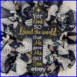 Christmas Cross Wreath Blue and Gold For God So Loved The World