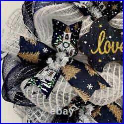 Christmas Cross Wreath Blue and Gold For God So Loved The World