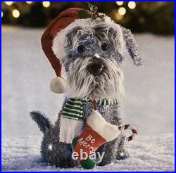 Christmas Light Up Schnauzer w Hat & Stocking Fluffy Dog Tinsel Yard Decor