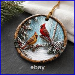 Christmas Ornament Cardinal Winter Scene Wood Tree Hanging Home Decor