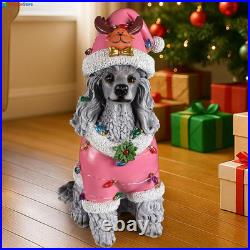 Christmas Poodle Dog Statue Holiday Decoration with Removable LED Gray