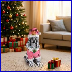 Christmas Poodle Dog Statue Holiday Decoration with Removable LED Gray