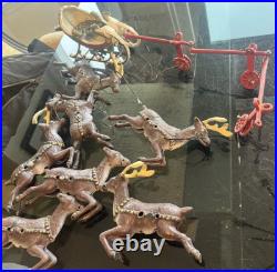 Christmas Sleigh & 7 Reindeer Cast Iron vintage condition