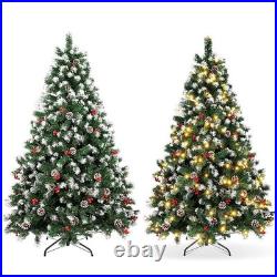 Christmas Tree with Fairy Lights Snow Flocked Pine Cones Berry Xmas Decorations