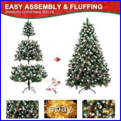 Christmas Tree with Fairy Lights Snow Flocked Pine Cones Berry Xmas Decorations