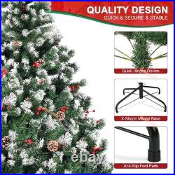 Christmas Tree with Fairy Lights Snow Flocked Pine Cones Berry Xmas Decorations