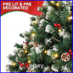 Christmas Tree with Fairy Lights Snow Flocked Pine Cones Berry Xmas Decorations