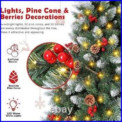 Christmas Tree with Fairy Lights Snow Flocked Pine Cones Berry Xmas Decorations