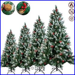Christmas Tree with Fairy Lights Snow Flocked Pine Cones Berry Xmas Decorations