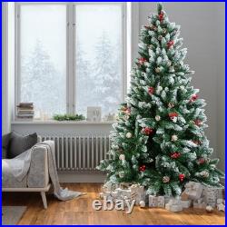 Christmas Tree with Fairy Lights Snow Flocked Pine Cones Berry Xmas Decorations