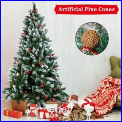 Christmas Tree with Fairy Lights Snow Flocked Pine Cones Berry Xmas Decorations
