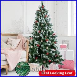 Christmas Tree with Fairy Lights Snow Flocked Pine Cones Berry Xmas Decorations