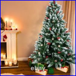 Christmas Tree with Fairy Lights Snow Flocked Pine Cones Berry Xmas Decorations