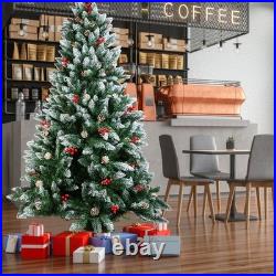 Christmas Tree with Fairy Lights Snow Flocked Pine Cones Berry Xmas Decorations