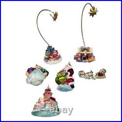 Christopher Radko Glass Ornaments Lot with 2 Stands Santa Snowman House Sleigh