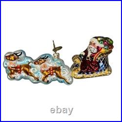 Christopher Radko Glass Ornaments Lot with 2 Stands Santa Snowman House Sleigh