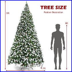 Costway 9ft Pre-lit Snowy Christmas Tree 2058 Tips with Pine Cones & Red Berries