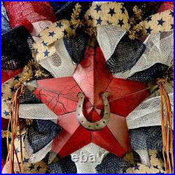 Country Western Star Patriotic Wreath Handmade Deco Mesh