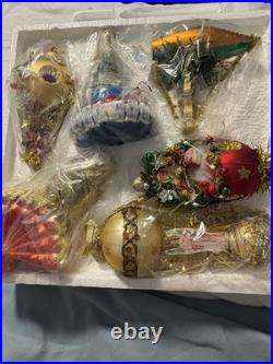 Dresden Style Glass & Tinsel Christmas Hanging Ornaments Set of 6 Multicolor