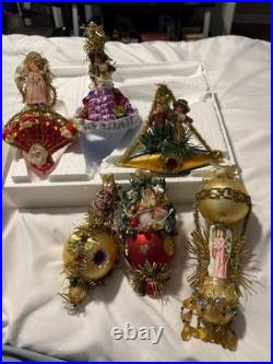 Dresden Style Glass & Tinsel Christmas Hanging Ornaments Set of 6 Multicolor