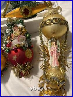 Dresden Style Glass & Tinsel Christmas Hanging Ornaments Set of 6 Multicolor