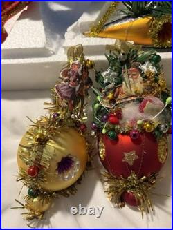 Dresden Style Glass & Tinsel Christmas Hanging Ornaments Set of 6 Multicolor