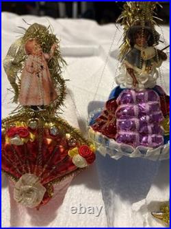 Dresden Style Glass & Tinsel Christmas Hanging Ornaments Set of 6 Multicolor