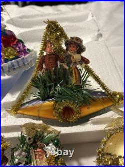 Dresden Style Glass & Tinsel Christmas Hanging Ornaments Set of 6 Multicolor