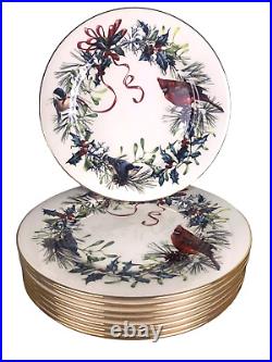 EIGHT (8) Lenox WINTER GREETINGS 10 7/8 Dinner Plates UNUSED Christmas Cardinal