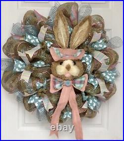 Easter Bunny Bonnet Deco Mesh Handmade Wreath