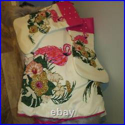 Embellished Tropical Flamingo Christmas Tree Skirt And (2) Stockings- Set Of 3