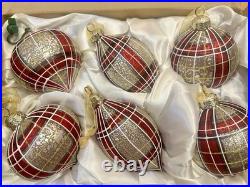 FRONTGATE Burgundy, White and Gold Plaid Accent Ornaments, Set of 12 Handmade