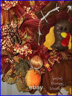 Fall Thanksgiving Stuffed Turkey Head Legs Leaves Wreath Entryway Decoration