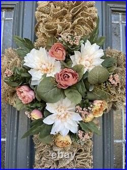 Farmhouse Burlap Cross Wreath, Spring Wreath, Easter Cross Wreath, Christian