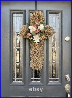 Farmhouse Burlap Cross Wreath, Spring Wreath, Easter Cross Wreath, Christian