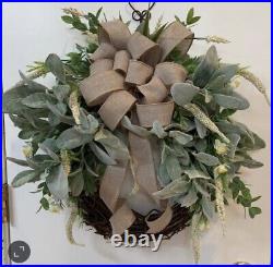 Farmhouse Lambs Ear Front Door Decoration, Spring Summer Country Greenery Wreath