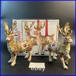 Fitz & Floyd Holiday Father Christmas Reindeer Candleholder Pair NEW In Box