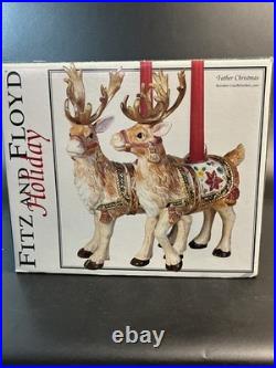 Fitz & Floyd Holiday Father Christmas Reindeer Candleholder Pair NEW In Box
