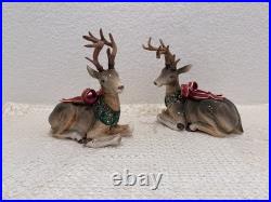 Fitz & Floyd Holiday Leaves Reindeer Candleholders Pair Christmas Deer Decor