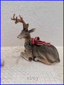 Fitz & Floyd Holiday Leaves Reindeer Candleholders Pair Christmas Deer Decor