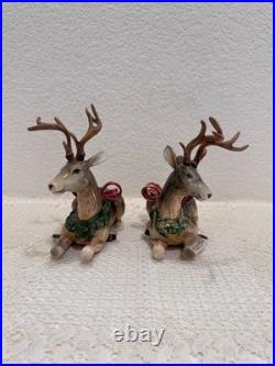 Fitz & Floyd Holiday Leaves Reindeer Candleholders Pair Christmas Deer Decor