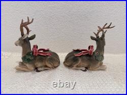 Fitz & Floyd Holiday Leaves Reindeer Candleholders Pair Christmas Deer Decor