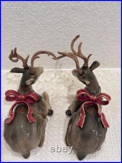 Fitz & Floyd Holiday Leaves Reindeer Candleholders Pair Christmas Deer Decor