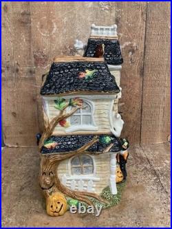 Fitz and Floyd Halloween Harvest Hooty Haunted House Cookie Jar withLid NICE